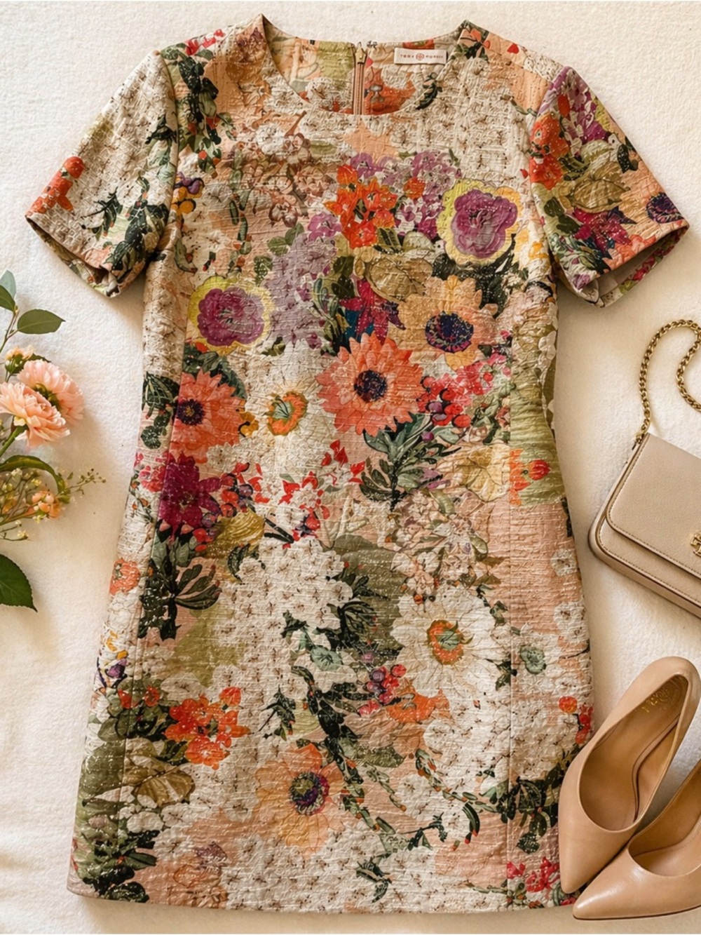 Tory Burch Floral Textured Shift Dress Size 4 Multicolor Short Sleeve